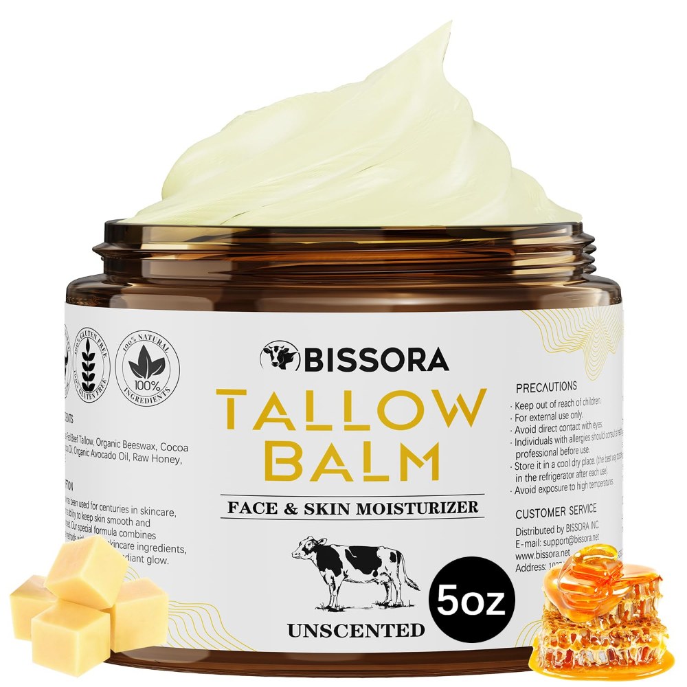 Beef Tallow for Skin, Organic Grass-Fed Beef Tallow Balm with Raw Honey & Jojoba Oil - Whipped Moisturizer for Face & Body - All-Natural Skin Care for Soft, Hydrated Skin ((5 OZ, Unscented)